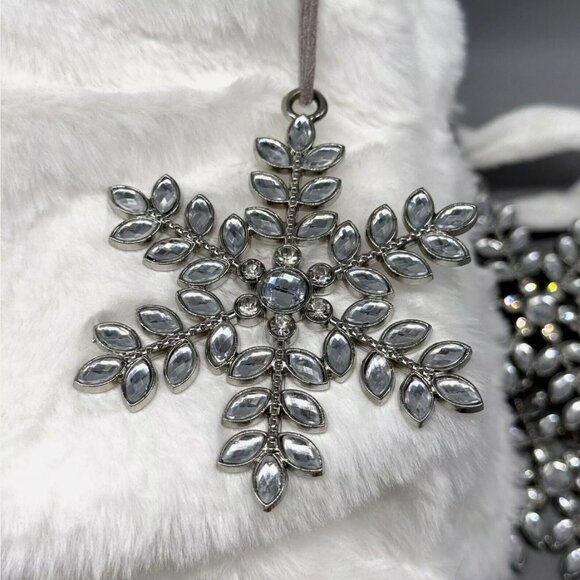 x3 Martha Stewart White Faux Fur Christmas Stocking Set Silver Jeweled Snowflake - Picture 4 of 7